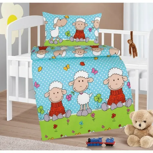 Bellatex Detské krepové obliečky do postieľky Agáta Ovečka modrá, 90 x 135 cm, 45 x 60 cm