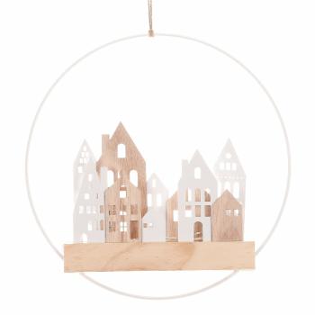 Závesná LED dekorácia Domčeky v kruhu biela, pr. 28 cm