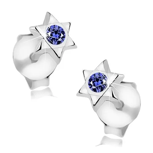 Strieborné náušnice 925, malá lesklá hviezdička s tmavomodrým krištáľom