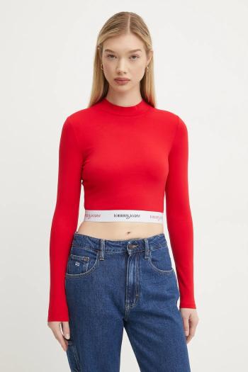 Tričko s dlhým rukávom Tommy Jeans dámske, červená farba, s polorolákom, DW0DW19510