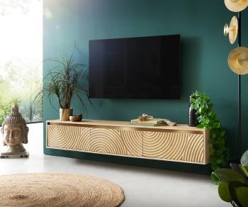 TV stolík Budaya mango prírodný 175 cm 3 dvierka závesné
