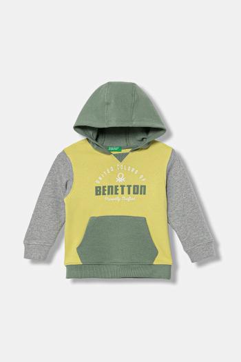 Detská bavlnená mikina United Colors of Benetton zelená farba, s kapucňou, vzorovaná, 3J68G2014