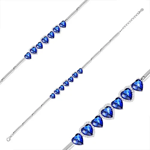 Nastaviteľný náramok zo striebra 925, modré zirkónové srdiečka, zirkónové kontúry sŕdc