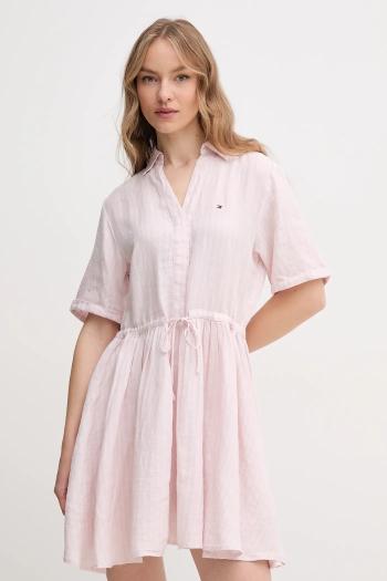 Ľanové šaty Tommy Hilfiger ružová farba, mini, áčkový strih, WW0WW44672