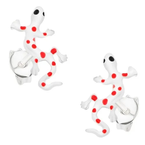 Náušnice zo striebra 925, biela glazúrovaná jašterička s červenými bodkami