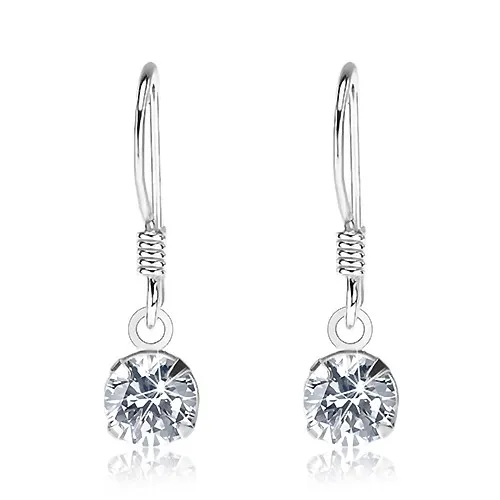 Strieborné 925 náušnice, okrúhly číry zirkón, africký háčik