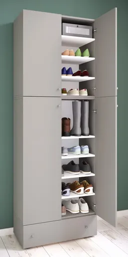 VCM Botník Lona XXL s 9 přihrádkami, otočné dveře, se zásuvkou, šedá