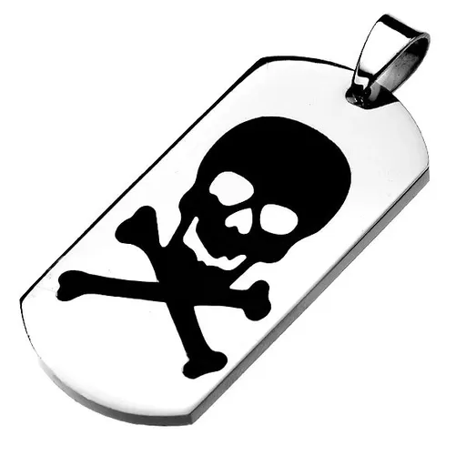 Oceľová známka striebornej farby, čierna glazúrovaná lebka, prekrížené kosti