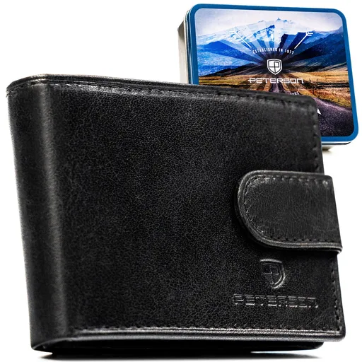 Čierna pánska kožená peňaženka s RFID ochranou a zapínaním na patent – Peterson
