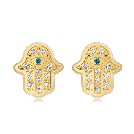 Puzetové náušnice v 9K žltom zlate - ruka Fatimy, modrý a číre zirkóny