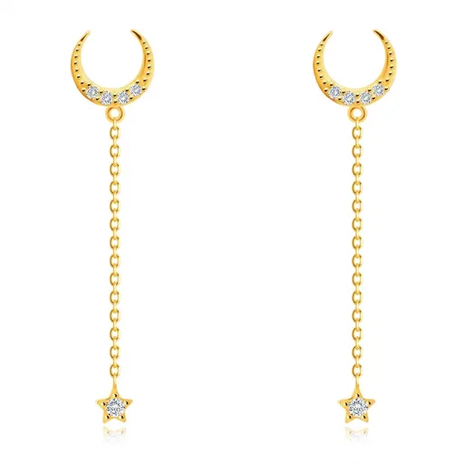 Zlaté 14K náušnice - kontúra tenkého polmesiaca, okrúhle zirkóniky, krátka retiazka, puzety