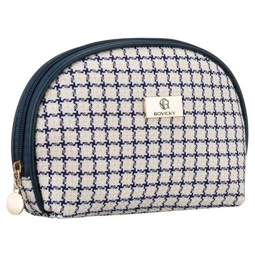 Beżowo-granatowa kosmetyczka damska w kratę zamykana suwakiem - Rovicky
