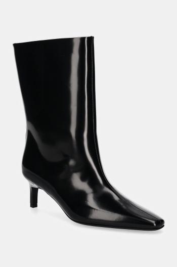 Kožené členkové topánky Calvin Klein HEEL MID BOOT 50 LTH dámske, čierna farba, na vysokom podpätku, HW0HW02151