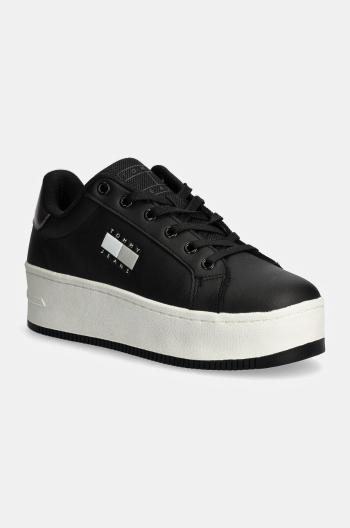 Kožené tenisky Tommy Jeans TJW FLATFORM SNEAKER METALLIC čierna farba, EN0EN02711