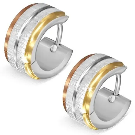 Trojfarebné oceľové náušnice - saténové pásy striebornej farby, lesklá ryha