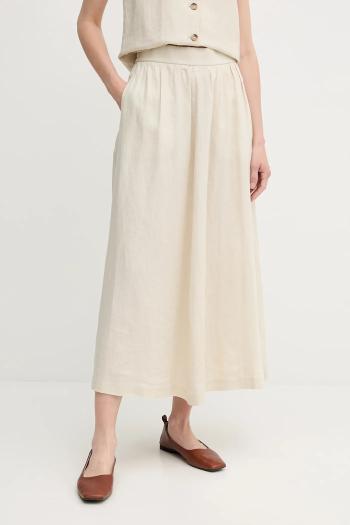 Ľanová sukňa United Colors of Benetton béžová farba, midi, áčkový strih, 4AGHD004L