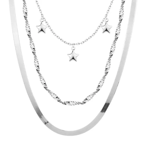 Strieborný 925 náhrdelník - tri druhy retiazok, lesklé hviezdičky, nastaviteľný