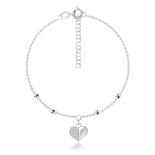 Strieborný náramok 925 - nastaviteľný, srdiečkový prívesok, okrúhle zirkóny, hladké guličky