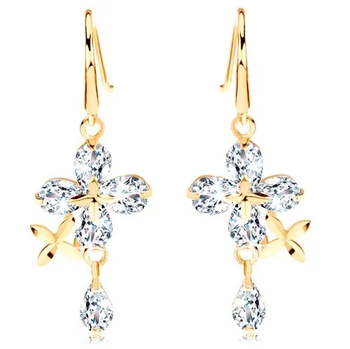 Zlaté náušnice 585 - číry zirkónový kvet, malé lesklé kvietky a číra kvapka