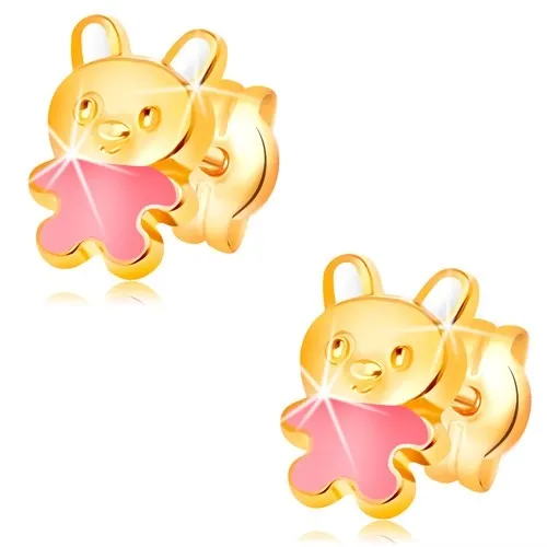 Zlaté náušnice 585, zajačik zdobený ružovou a bielou glazúrou, puzetky