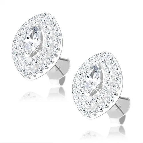 Náušnice zo striebra 925, zvislý obrys zrnka, vrstvené zirkónové línie, brúsený zirkón