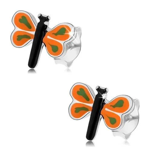 Náušnice zo striebra 925, malý motýlik s farebnou glazúrou, oranžové krídla