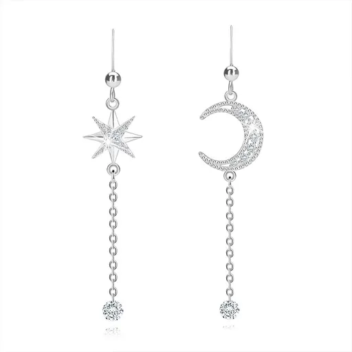Visacie náušnice z 925 striebra - hviezda, polmesiac, krátka retiazka, číre zirkóny, afroháčik