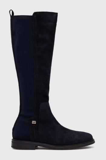 Vysoké čižmy Tommy Hilfiger TOMMY ESSENTIALS LONGBOOT dámske, tmavomodrá farba, na plochom podpätku, FW0FW07476