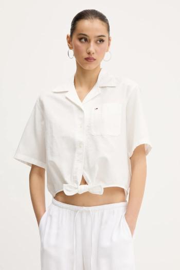 Košeľa s prímesou ľanu Tommy Jeans biela farba, voľný strih, s klasickým golierom, DW0DW20286