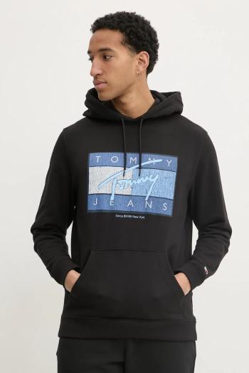 Bavlnená mikina Tommy Jeans pánska, čierna farba, s kapucňou, s potlačou, DM0DM21100