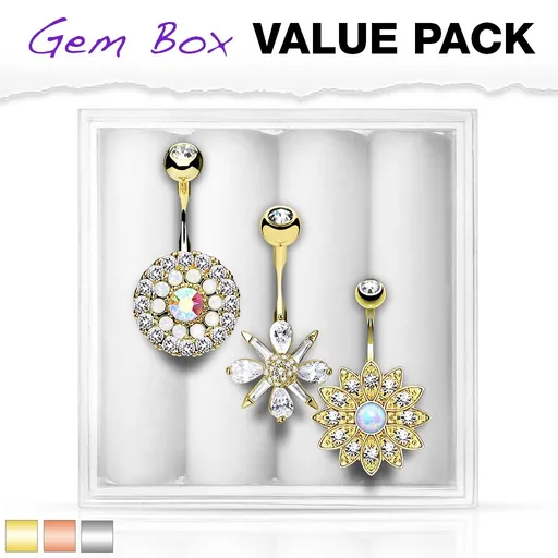 Set troch piercingov do brucha, oceľ 316L, vsadené zirkóny a syntetické opály - Farba piercing: Strieborná