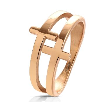 Prsteň z chirurgickej ocele medenej farby, lesklý zdvojený kríž - Veľkosť: 52 mm