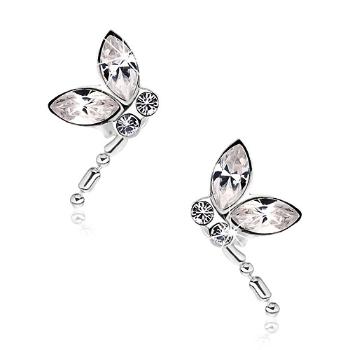 Strieborné náušnice 925, letiaca vážka, číre krištále Swarovski, visiaci chvost