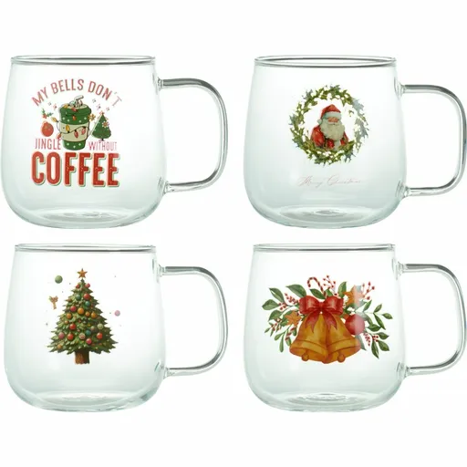 Súprava 4 vianočných sklenených hrnčekov s potlačou 400 ml