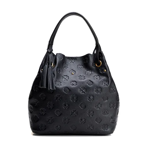 Dámska kabelka typu vak z kože s monogramom čierno-zlatá 100-4E-632-1G