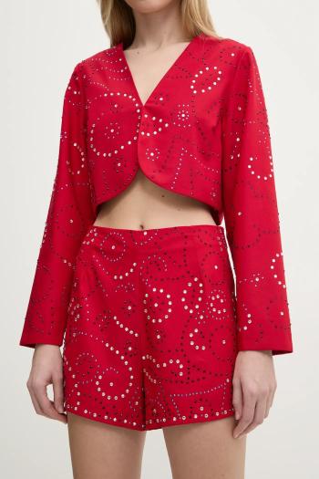 Šortky Never Fully Dressed Gem dámske, červená farba, s nášivkou, vysoký pás, NFDTR423