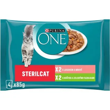 Purina ONE Sterilcat minifiletky s morkou a zelenými fazuľkami, s lososom a mrkvou 4 × 85 g (7613038648293)