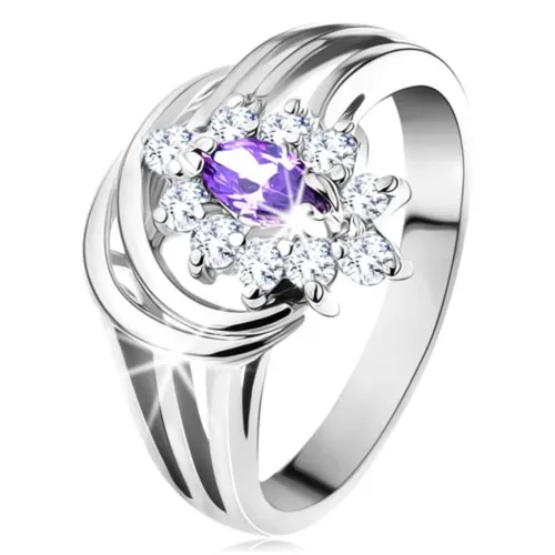 Trblietavý prsteň, zirkóny v ametystovom a čírom odtieni, rozdelené ramená - Veľkosť: 55 mm