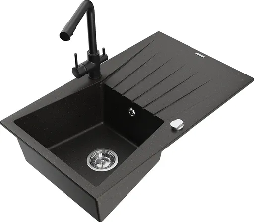 MEXEN/S MEXEN/S - Cesar granitový drez s odkvapkávačom vrátane batérie Duero, čierna/zlatá metalik 6514-75-671600-70