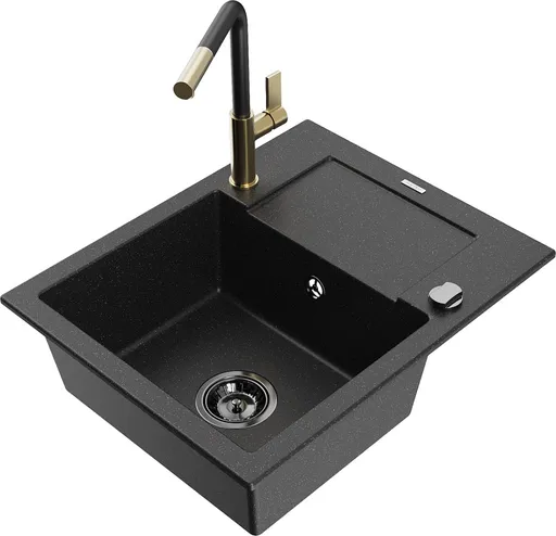 MEXEN/S MEXEN/S - Enzo granitový drez 1-miska s odkvapkávačom vrátane batérie Flora, čierna/strieborná metalík 6506-73-670401-57-B