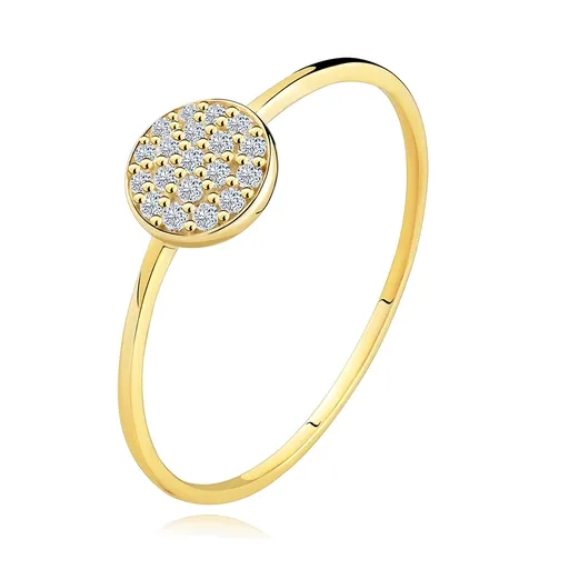 Zlatý prsteň 585 - tenké lesklé ramená, kruh vykladaný čírymi zirkónmi - Veľkosť: 57 mm