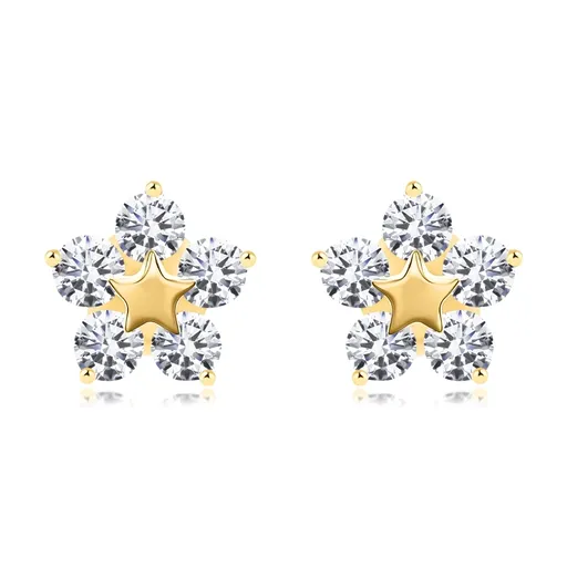 Náušnice zo žltého zlata 375 - číre zirkóny s hladkou hviezdou uprostred