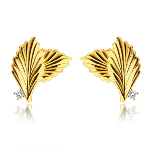 Zlaté 9K náušnice - dva prekrývajúce sa listy, drobný okrúhly zirkónik, puzetky