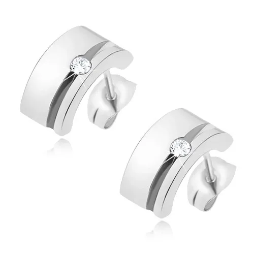 Náušnice z ocele, strieborná farba, poloblúky, širší zárez s čírym zirkónom