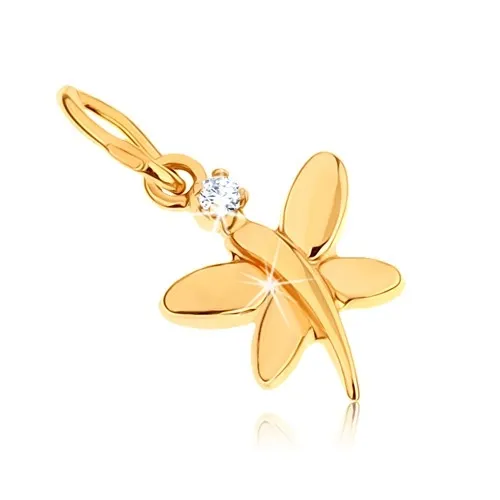 Zlatý prívesok 375 - lesklý motýlik zdobený okrúhlym zirkónom v čírej farbe