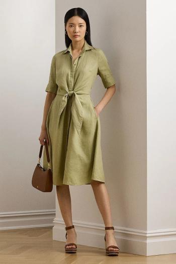 Ľanové šaty Lauren Ralph Lauren zelená farba, midi, áčkový strih, 200905667