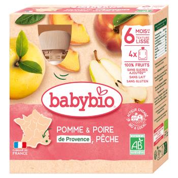 BABYBIO Jablko s hruškou a broskýň 6m+ 4 x 90 g