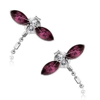 Strieborné náušnice 925, vážky, fialové krídla zo Swarovski krištáľov, visiaci chvost