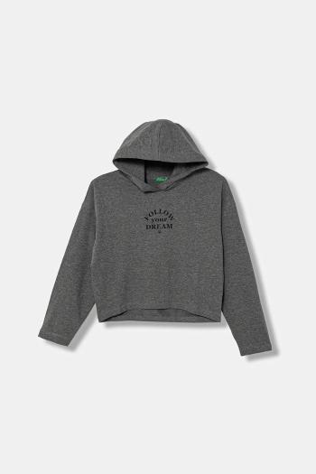 Detská bavlnená mikina United Colors of Benetton šedá farba, s kapucňou, s potlačou, 3NBMC2053