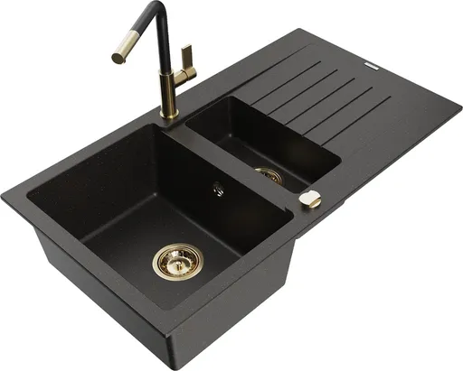 MEXEN/S MEXEN/S - Matias granitový drez 1.5 s odkvapkávačom vrátane batérie Flora, čierna/zlatá 6502-75-670401-57-G